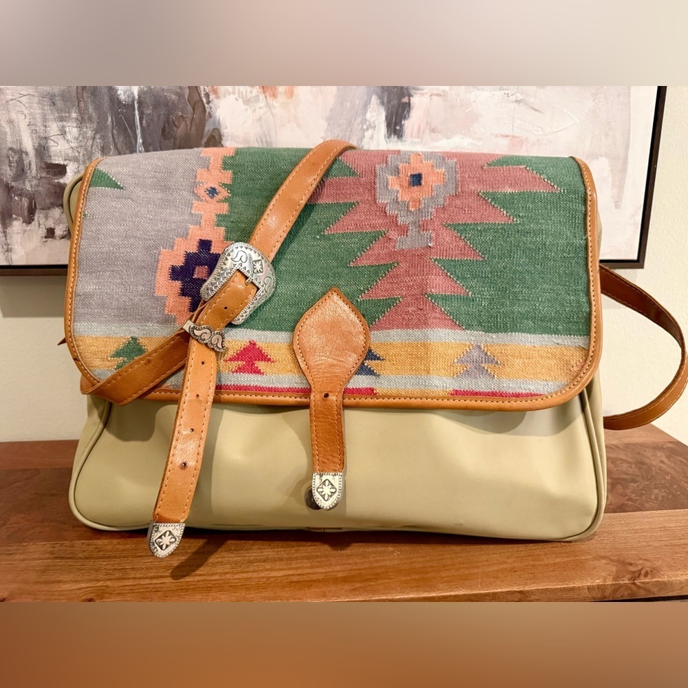 Vintage True West Leather Southwestern Messenger Bag